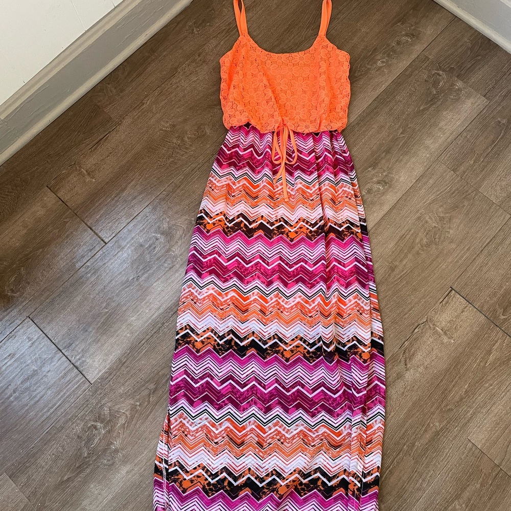Faded Glory cami maxi dress orange lace pink chevron women’s size S (4-6) NWOT